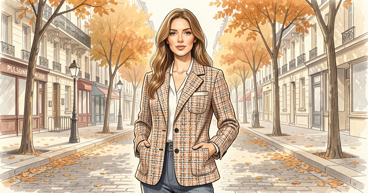 Femme élégante portant une veste en tweed Pulsion Mode dans une rue parisienne