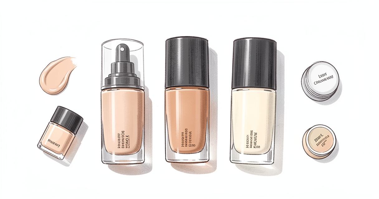 Flacons de fond de teint liquide mat, satiné et lumineux posés sur une table blanche avec accessoires maquillage