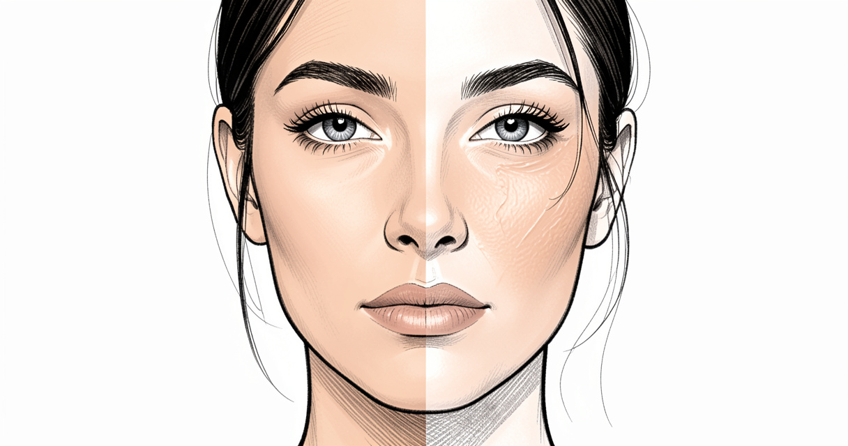 Visage de femme avec fond de teint appliqué sur une moitié et peau nue sur l’autre, démonstration de couvrance