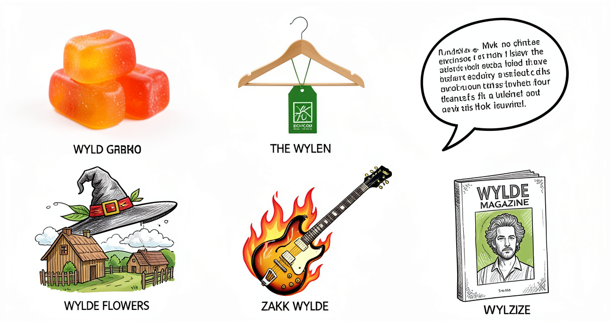 Collage des cinq entités Wylde : gommes, mode, jeu, musique et magazine