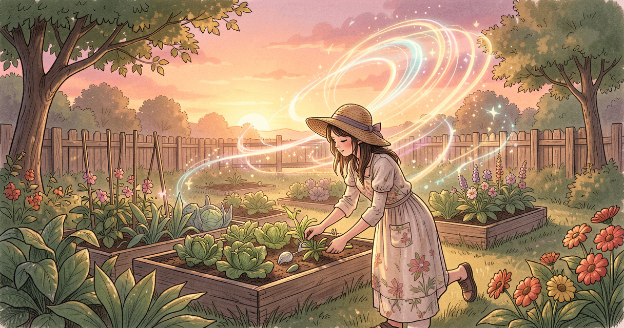 Personnage principal du jeu Wylde Flowers dans sa ferme avec des effets de magie