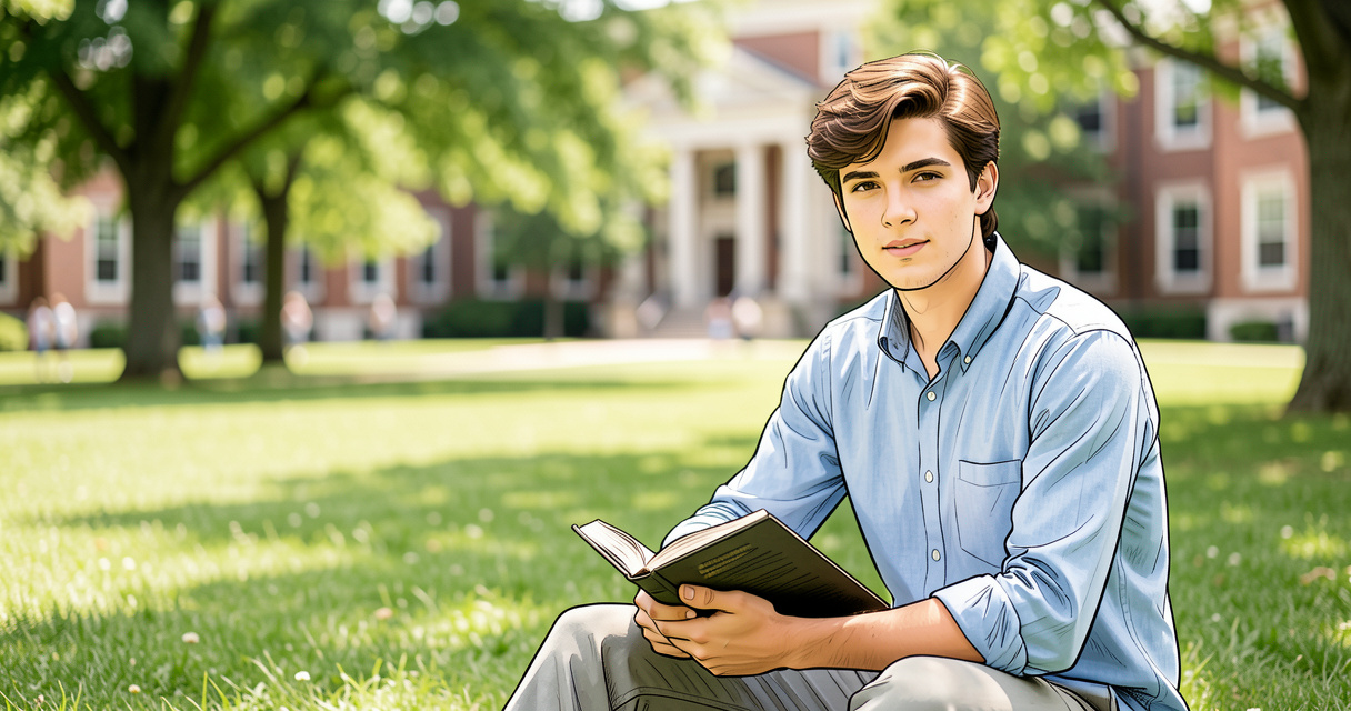 Portrait de Phinnaeus Walter Moder, fils de Julia Roberts, assis sur un campus universitaire avec un livre