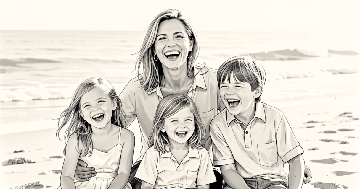 Photo de famille de Julia Roberts et ses trois enfants Hazel, Phinnaeus et Henry sur une plage