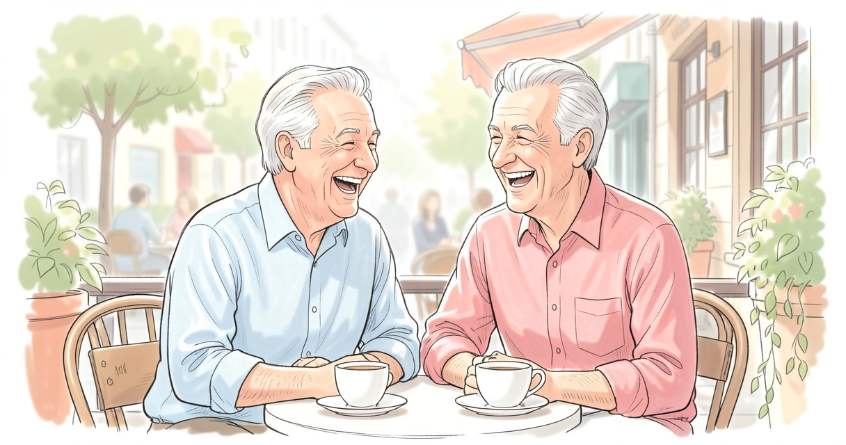 Couple de seniors souriant attablé à une terrasse de café illustrant les rencontres sur DisonsDemain