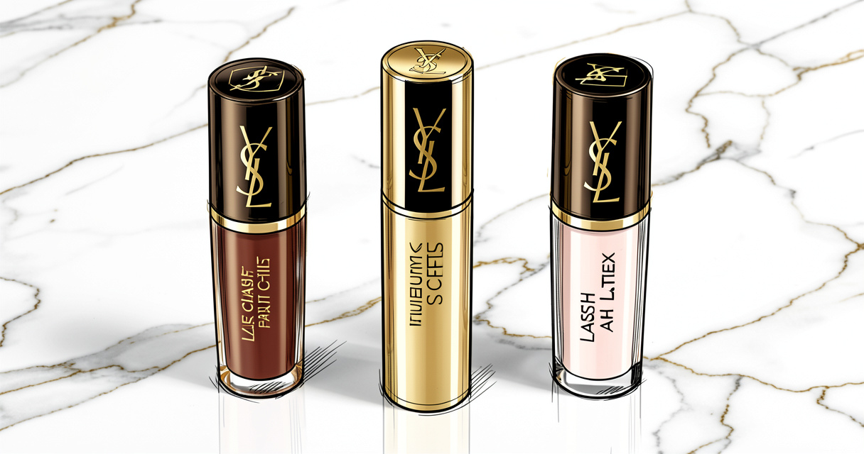 Trois mascaras YSL alignés : Lash Clash, Volume Effet Faux Cils et Lash Latex sur un fond marbre
