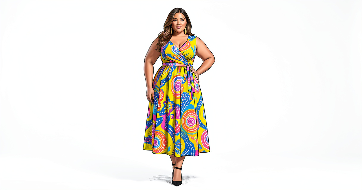 Femme ronde souriante en robe imprimée colorée, confiante et élégante