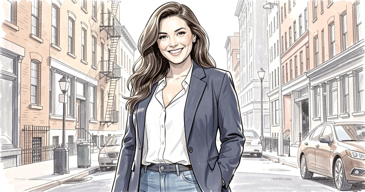 Femme aux courbes en blazer cintré et jean, style moderne pour morphologie ronde