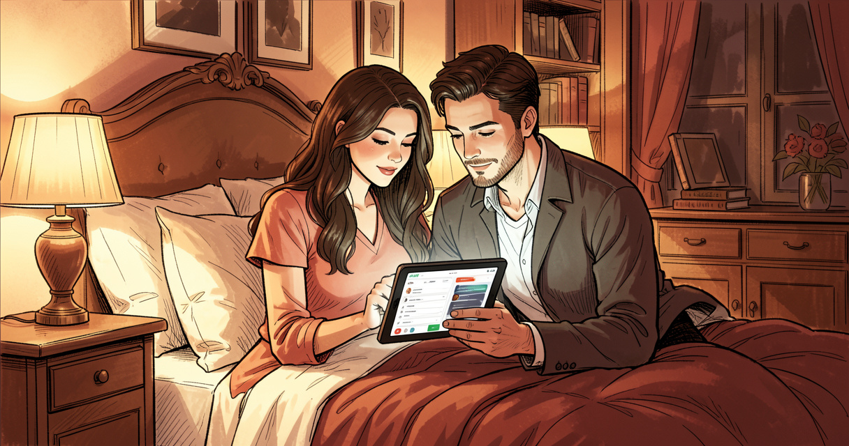 Couple utilisant le site de rencontres libertines Entrecoquins sur une tablette