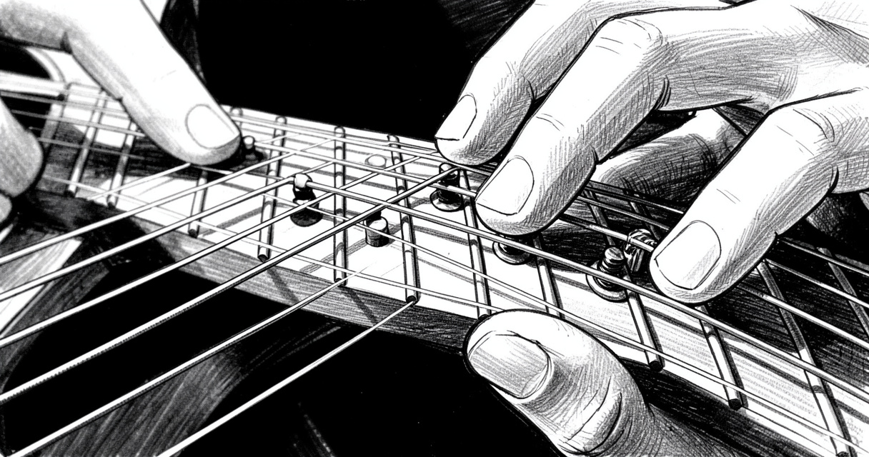 Doigté sur manche de guitare jouant le mode dorien, technique d'improvisation