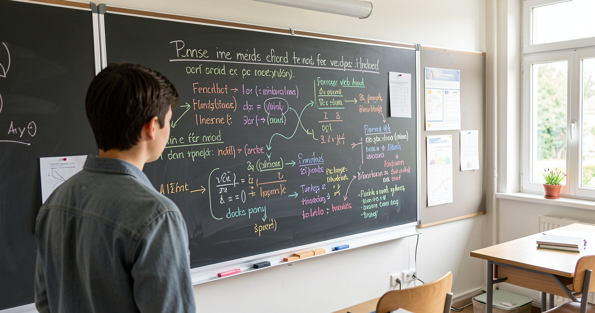 Étudiant observant un tableau des modes verbaux en français dans une salle de classe