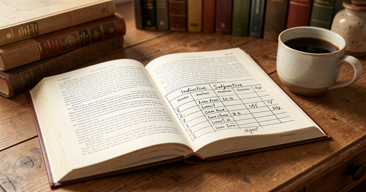 Livre de grammaire ouvert avec un tableau comparatif des temps de l'indicatif et du subjonctif sur un bureau