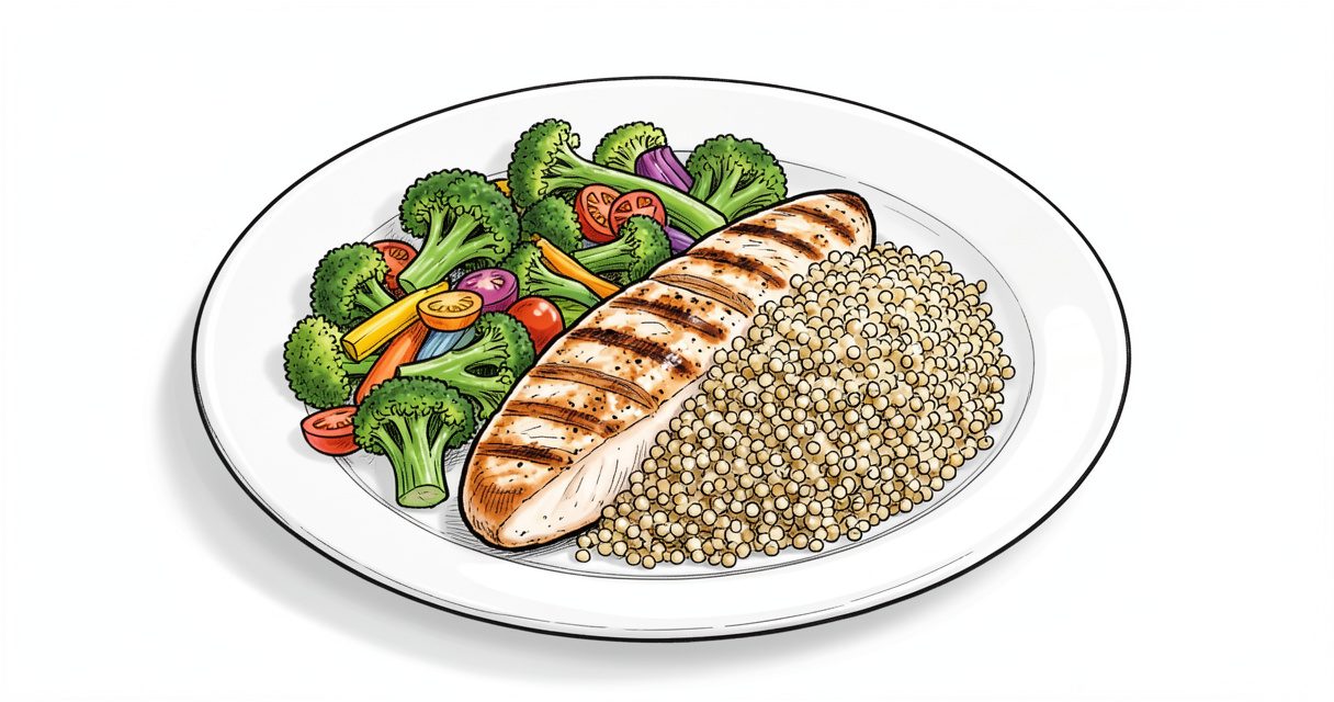 Assiette équilibrée avec légumes colorés, poulet grillé et quinoa - illustration d'une recette équilibrée