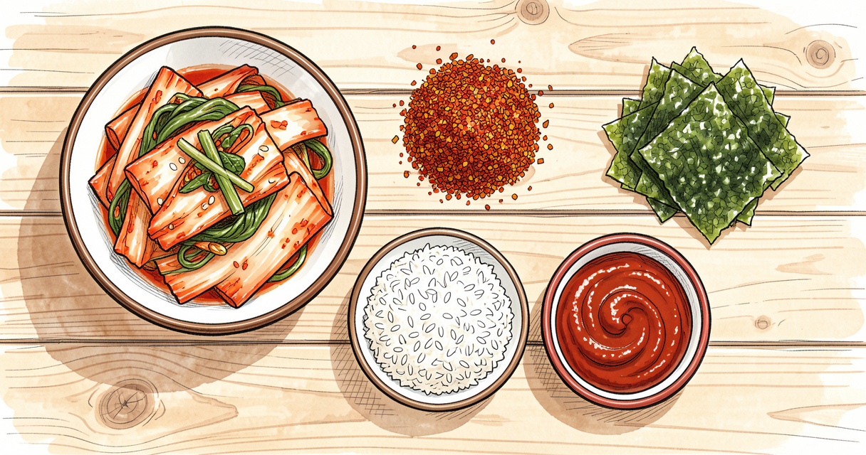 Ingrédients de la cuisine coréenne : kimchi, gochugaru et gochujang