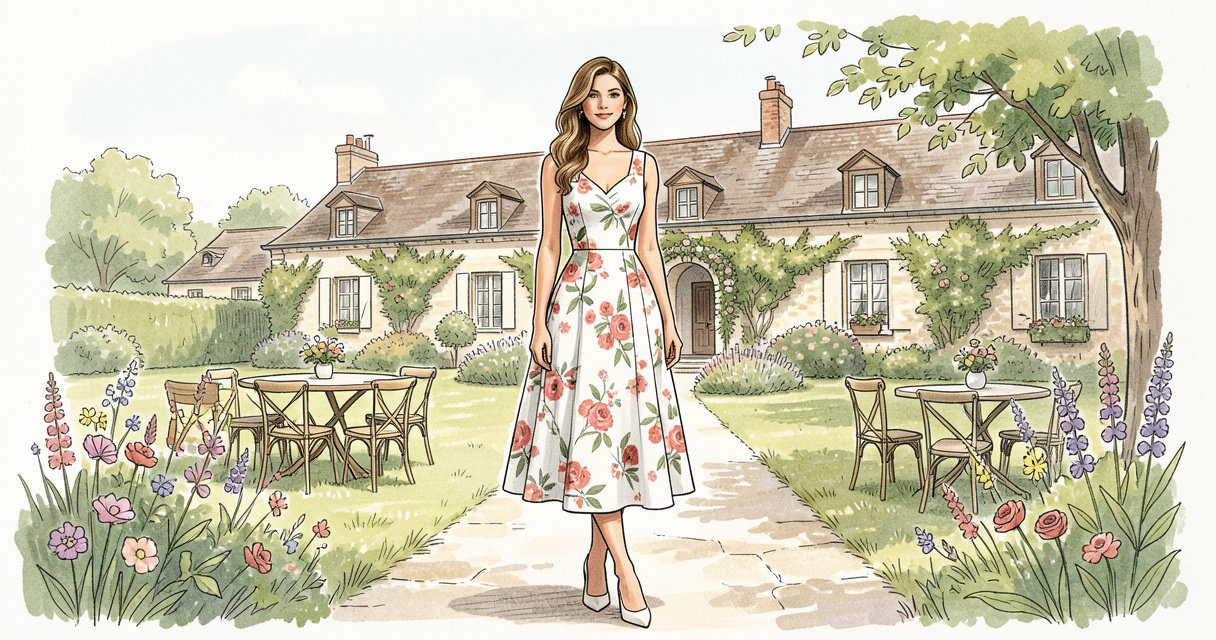 Femme en robe midi imprimée fleurie dans un décor de mariage champêtre en été