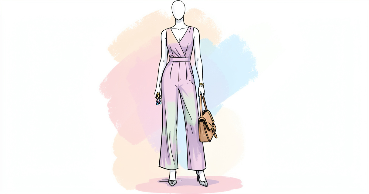 Combinaison élégante pour cérémonie avec accessoires chaussures et sac sur fond pastel