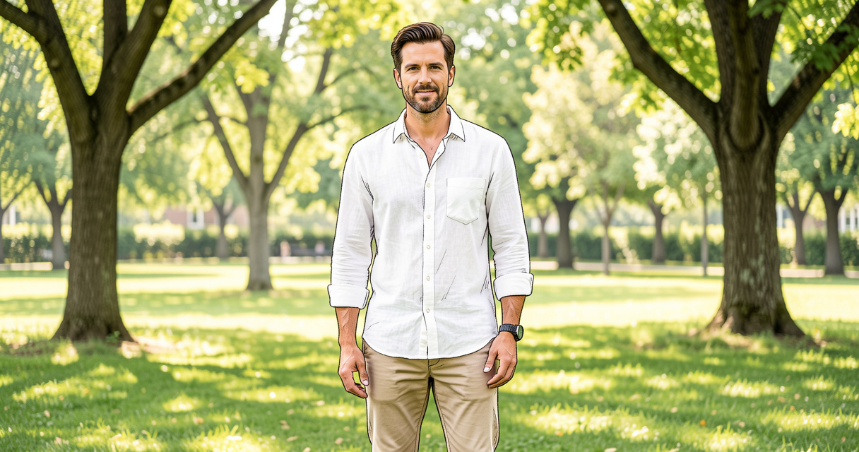 Homme en style décontracté avec chemise en lin et chino beige dans un parc ensoleillé - tenue casual homme