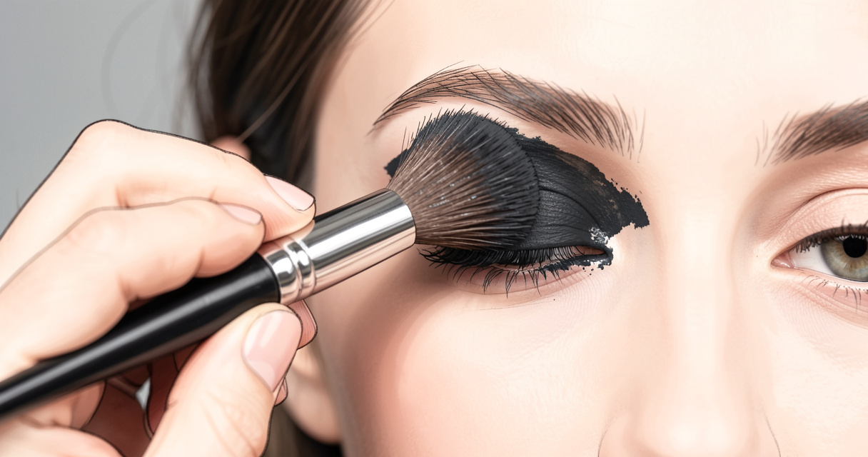 Pinceau estompeur appliquant un fard noir sur une paupière pour un smoky eyes parfait