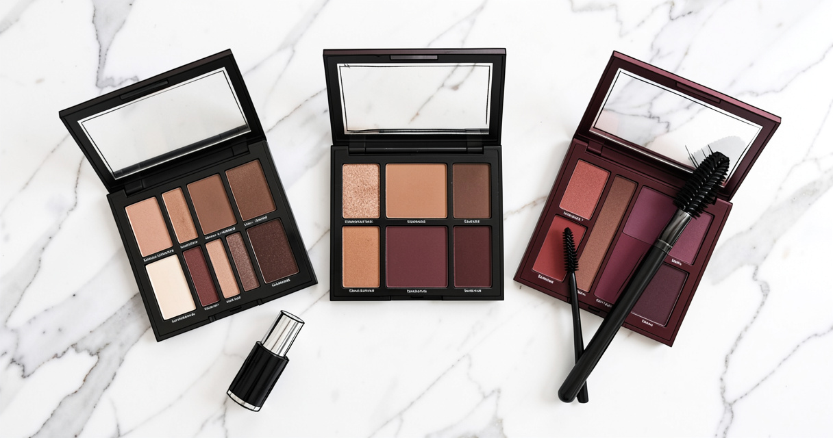Palettes de fards smoky eyes en teintes noir, marron et bordeaux avec pinceaux et mascara