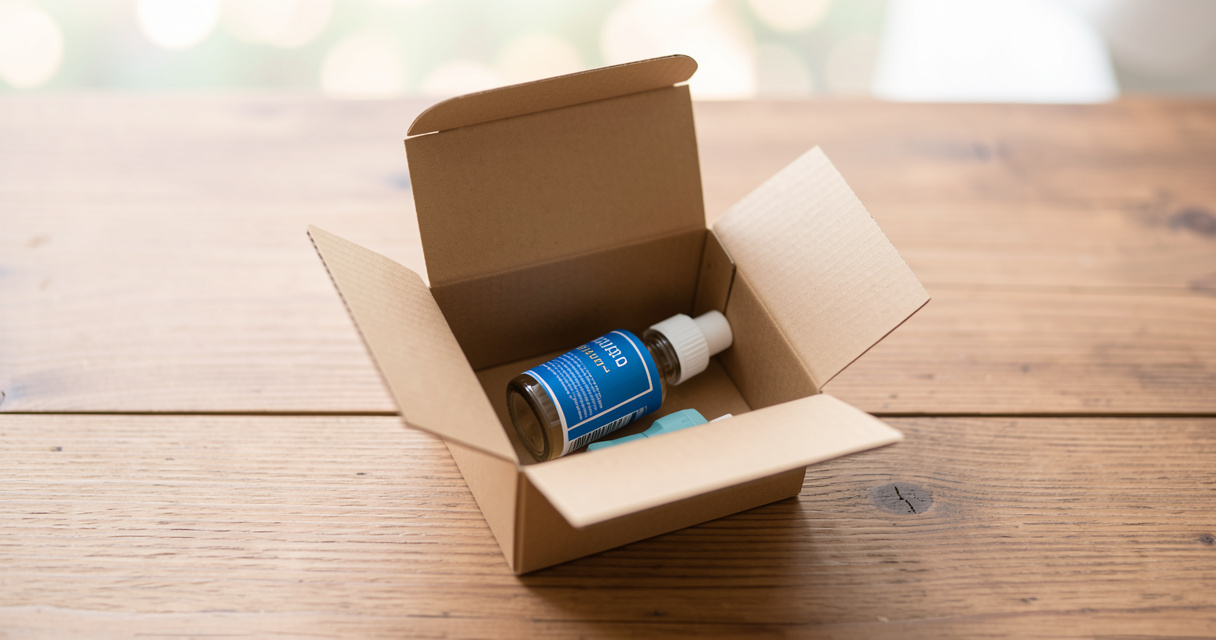 Colis discret contenant un flacon de poppers et un inhalateur sur table en bois