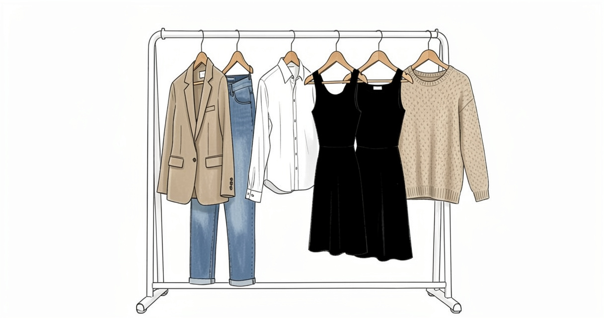 Garde-robe capsule femme avec les pièces essentielles accrochées sur un cintre en bois