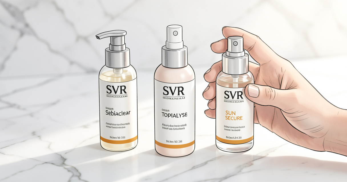 Flacons des gammes Sebiaclear Topialyse et Sun Secure SVR sur fond marbre avec main de dermatologue tenant un produit