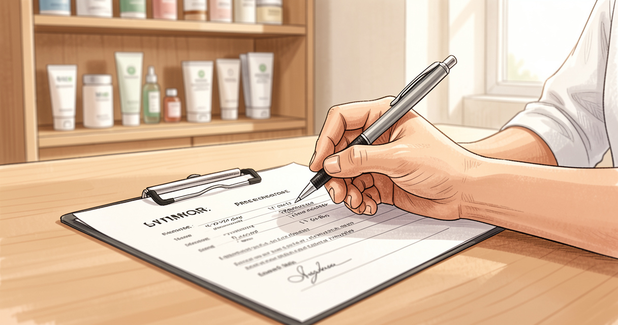 Main de dermatologue écrivant une ordonnance pour des soins SVR sur un bureau de cabinet médical