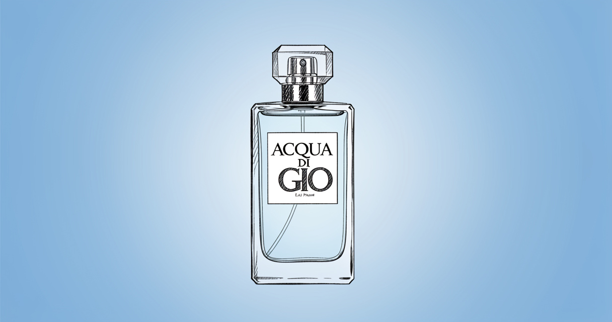 Flacon d'Acqua di Gio parfum Armani sur fond bleu doux mettant en valeur le design minimaliste