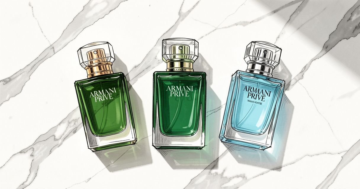 Flacons des parfums Armani Privé Rouge Malachite Vert Malachite et Bleu Turquoise disposés sur marbre luxe