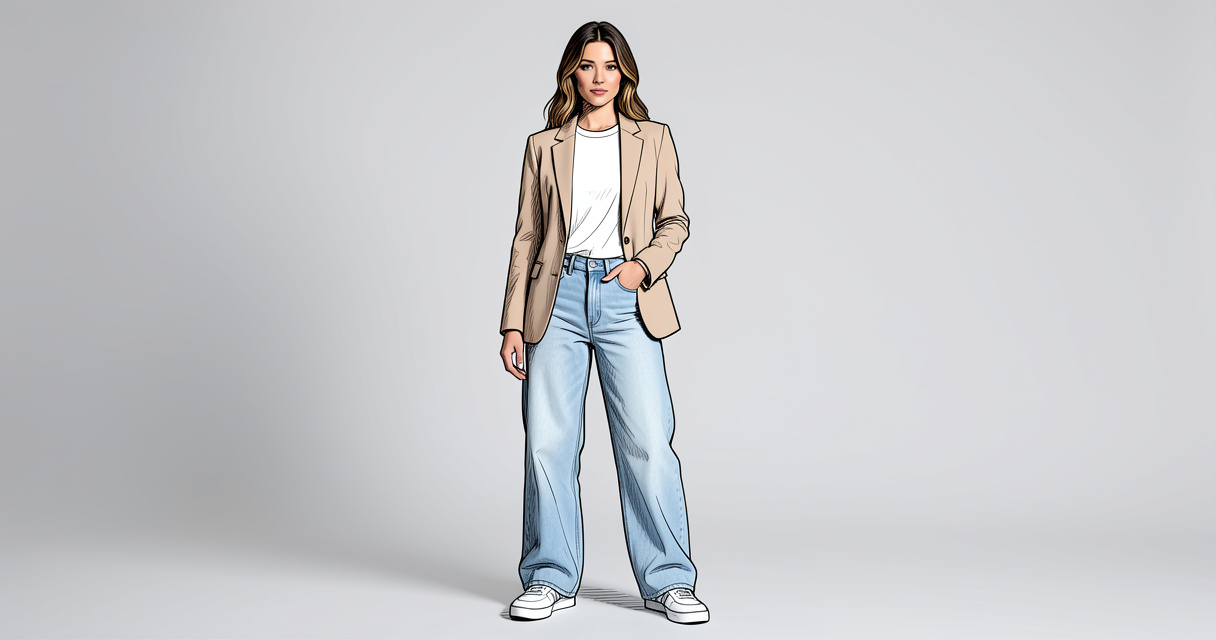 Femme en blazer beige et jean large adoptant le style casual chic 2026