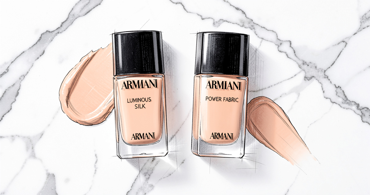 Flacons des fonds de teint Armani Luminous Silk et Power Fabric posés sur marbre avec échantillons