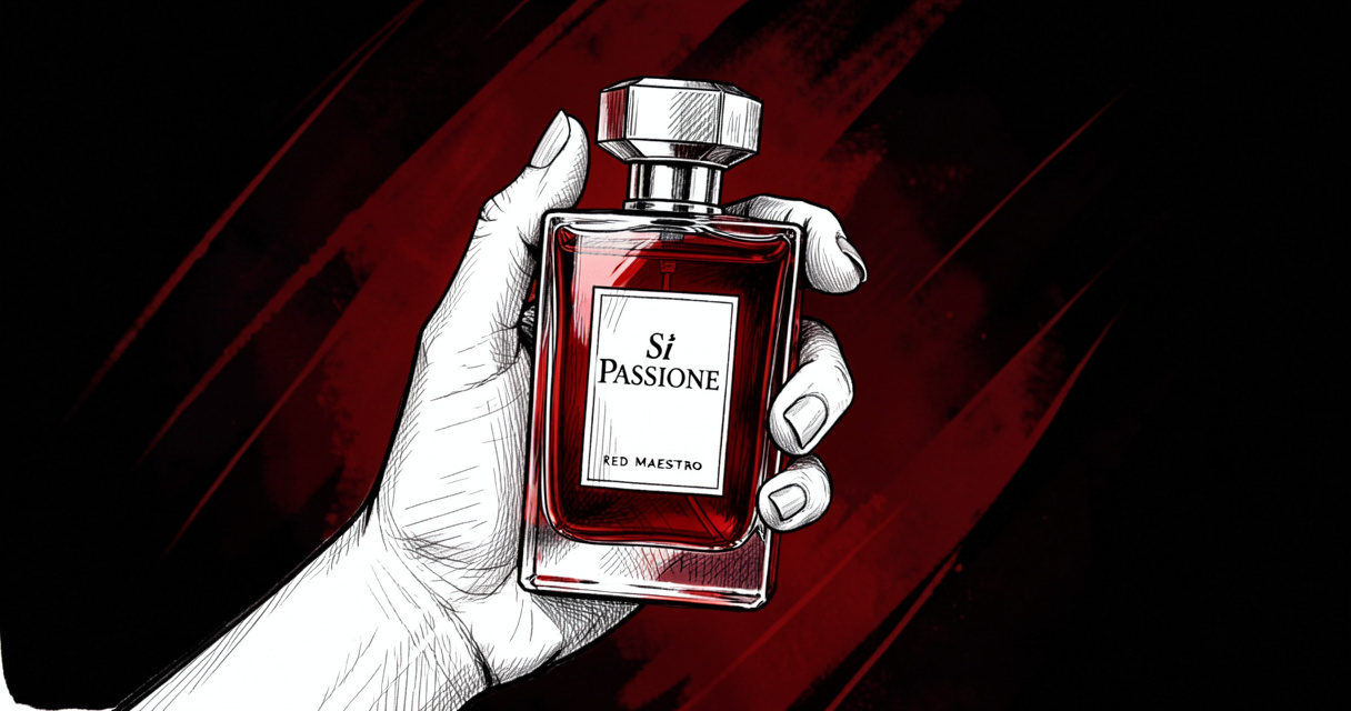 Main tenant le flacon rouge Sì Passione Red Maestro parfum Giorgio Armani, ambiance luxueuse et passionnée