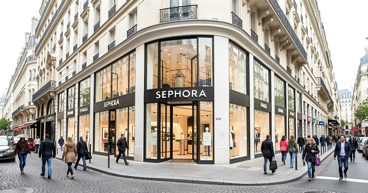 Façade de la boutique Sephora au 66 rue de Rivoli Paris avec ses néons lumineux