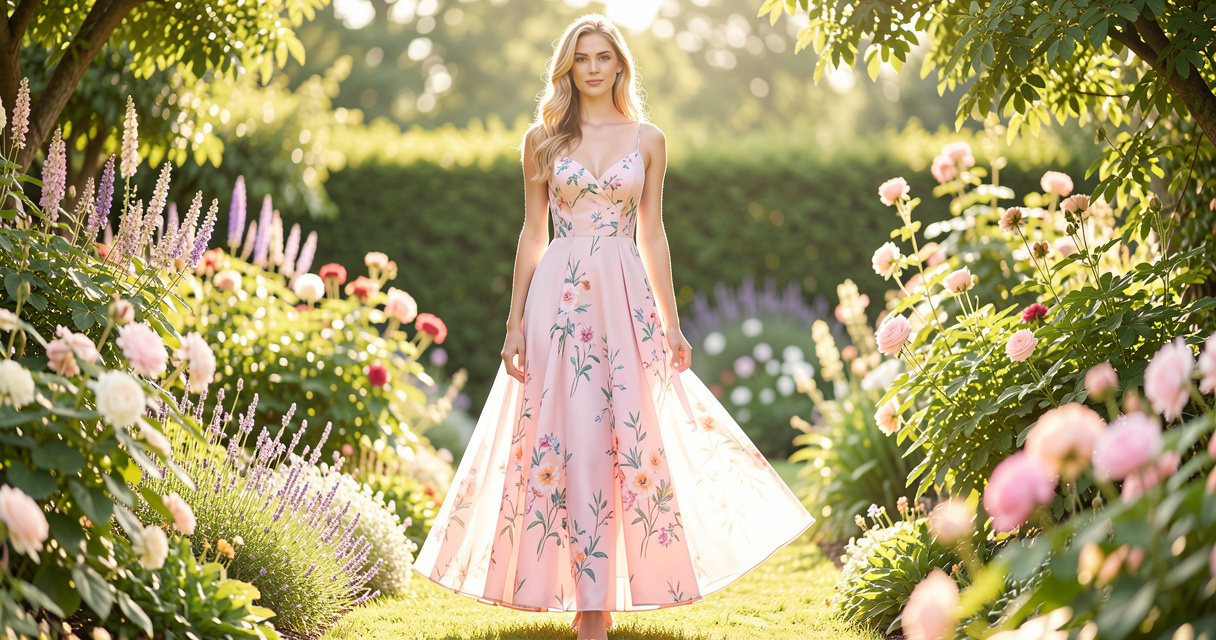 Femme portant une robe fluide rose pastel imprimée fleurs dans un jardin ensoleillé été 2026