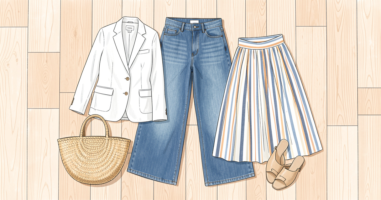 Composition à plat de pièces tendance été 2026 blazer lin blanc jean large jupe rayée sac paille