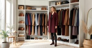Femme composant une silhouette de rentrée devant une garde-robe organisée