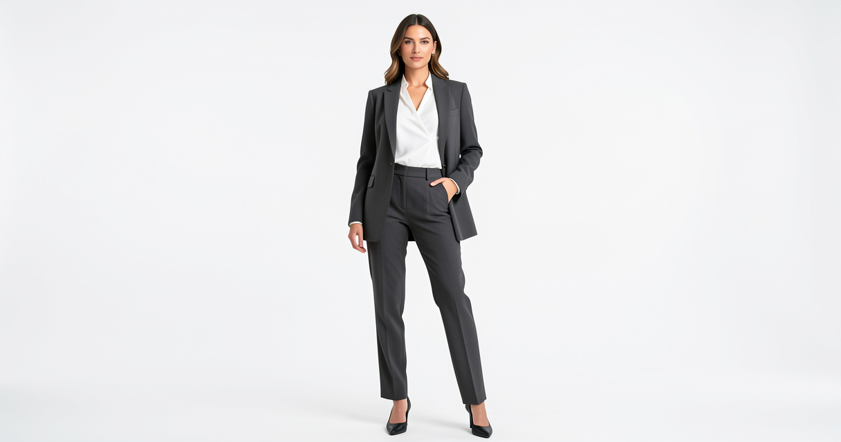 Femme élégante vêtue d'une tenue professionnelle équilibrant une morphologie en V