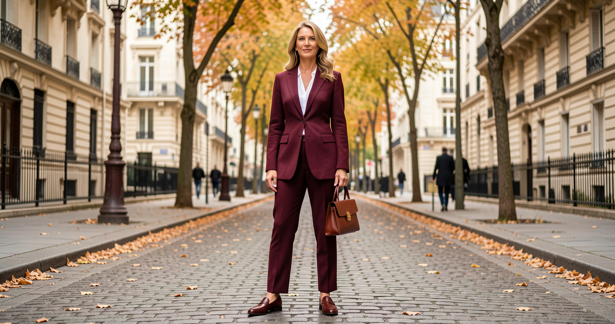 Femme élégante portant une tenue chic décontractée aux couleurs tendances de la rentrée 2026
