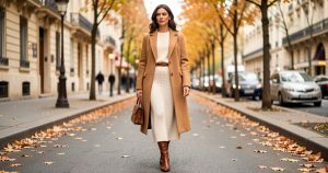 Femme élégante portant une jupe en maille écru et un manteau camel structuré tendance automne-hiver 2026