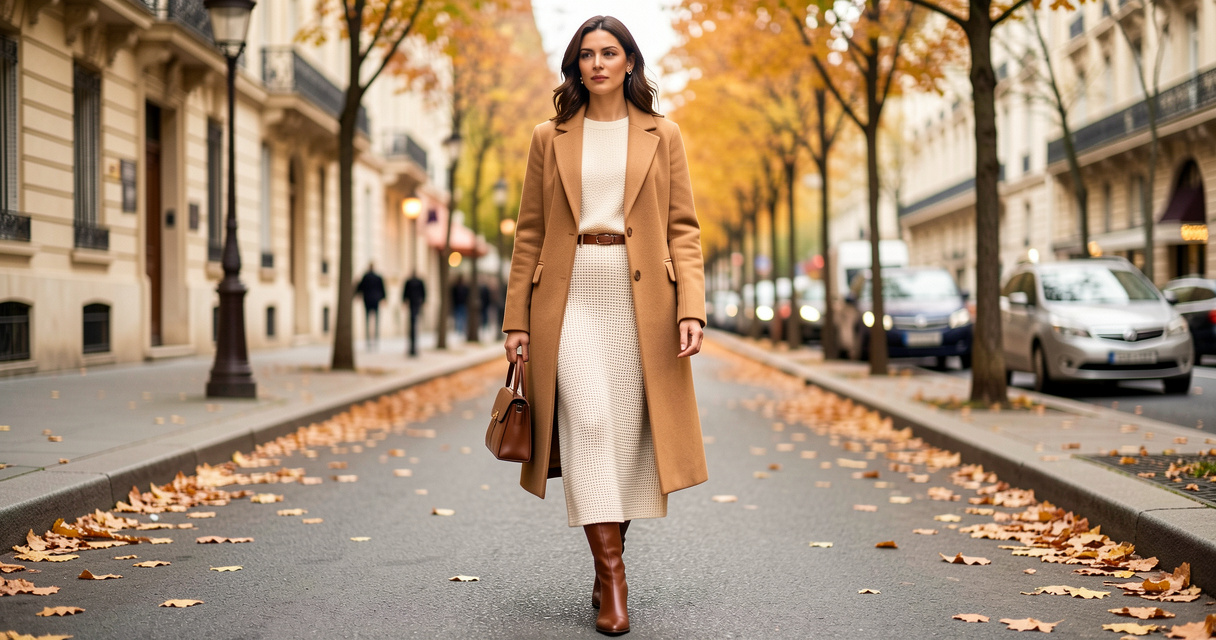 Femme élégante portant une jupe en maille écru et un manteau camel structuré tendance automne-hiver 2026