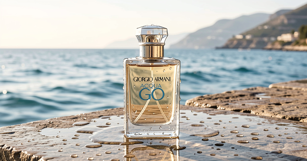 Flacon du parfum Armani Acqua di Giò près de la mer, ambiance méditerranéenne
