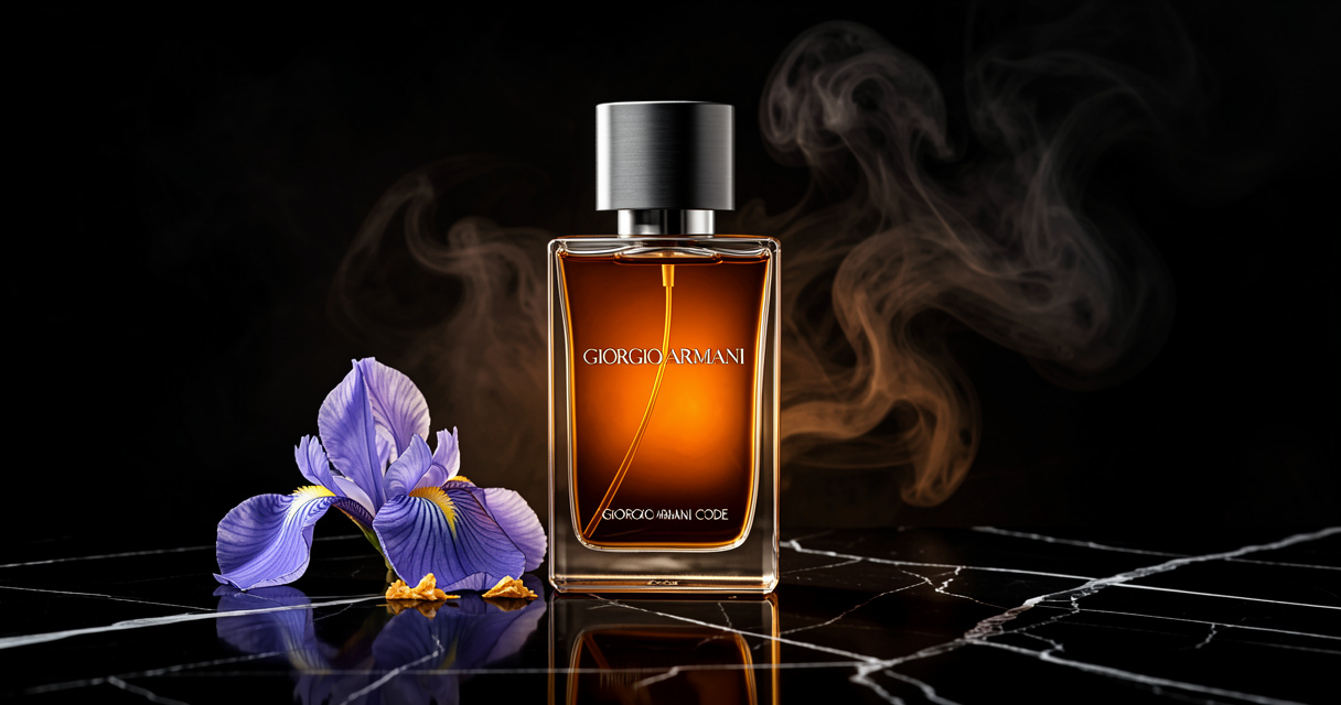 Flacon du parfum Armani Code sur marbre noir, notes d'iris et de tonka, élégance