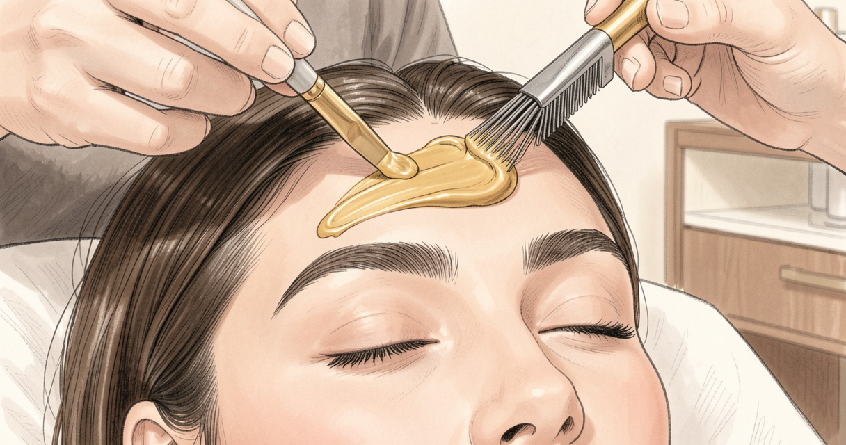 Application de brow lamination par une experte Benefit BrowBar en institut