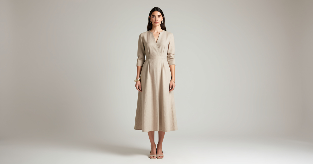 Robe droite femme en lin beige portée sur un fond studio neutre