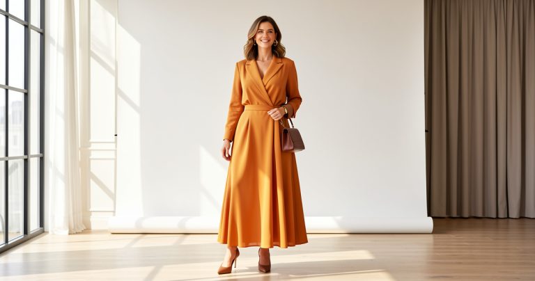 Femme élégante portant une robe longue portefeuille grande taille chic et moderne