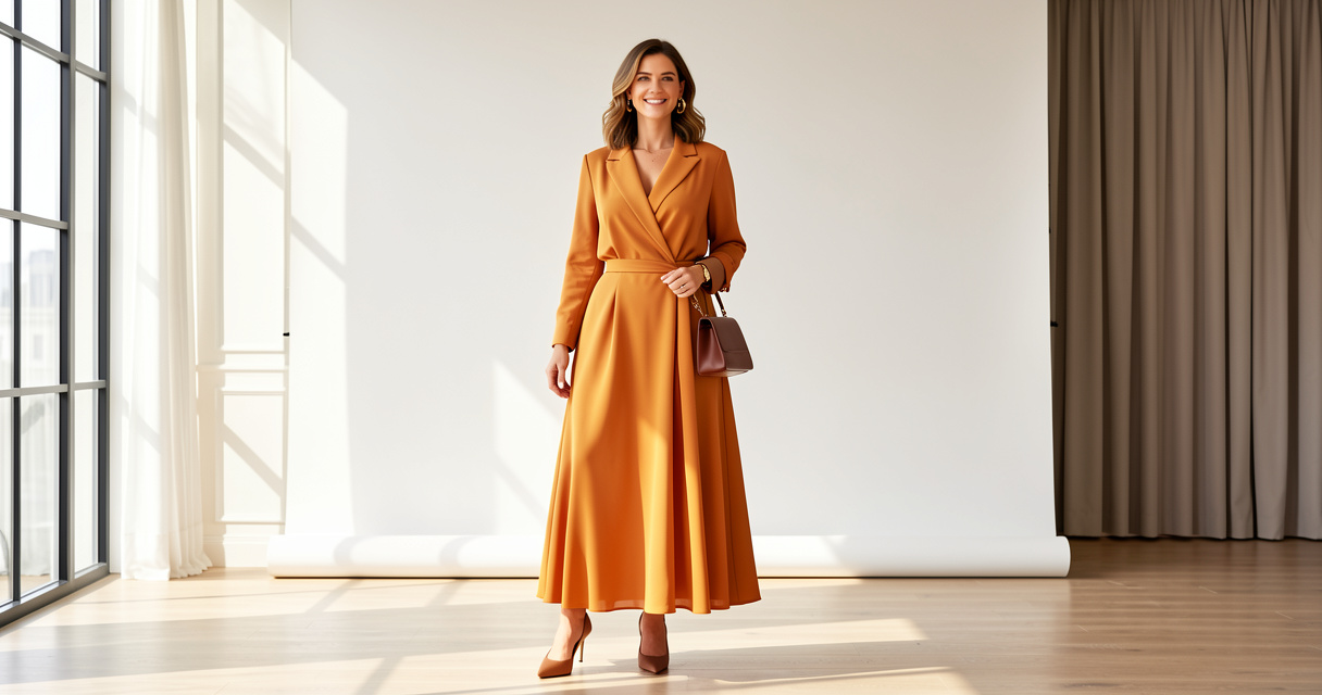 Femme élégante portant une robe longue portefeuille grande taille chic et moderne