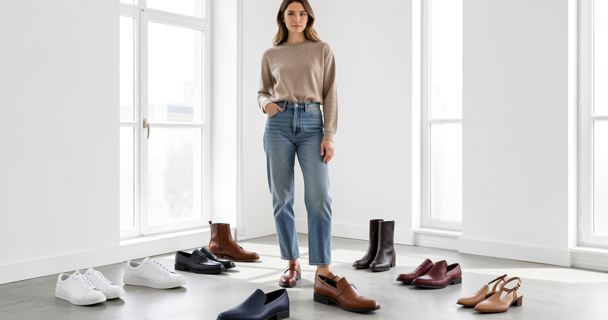 Femme choisissant des chaussures à associer avec un jean droit dans une garde-robe moderne.