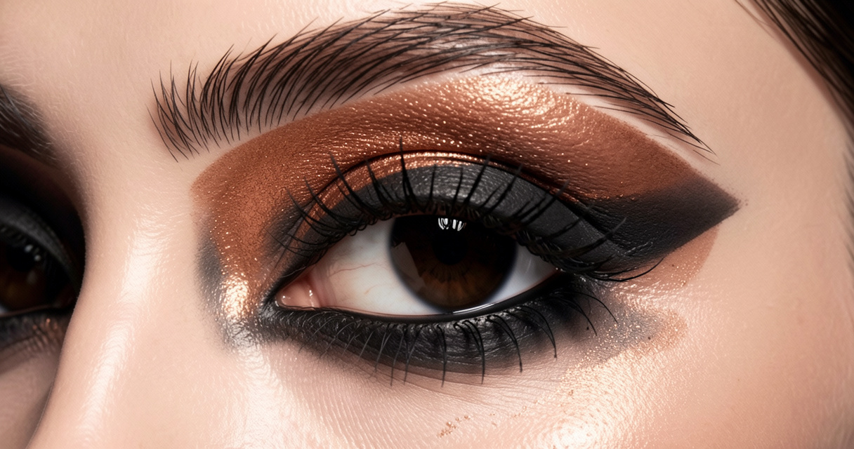Maquillage charbonneux sur yeux noirs avec fard prune et reflet cuivré au coin interne