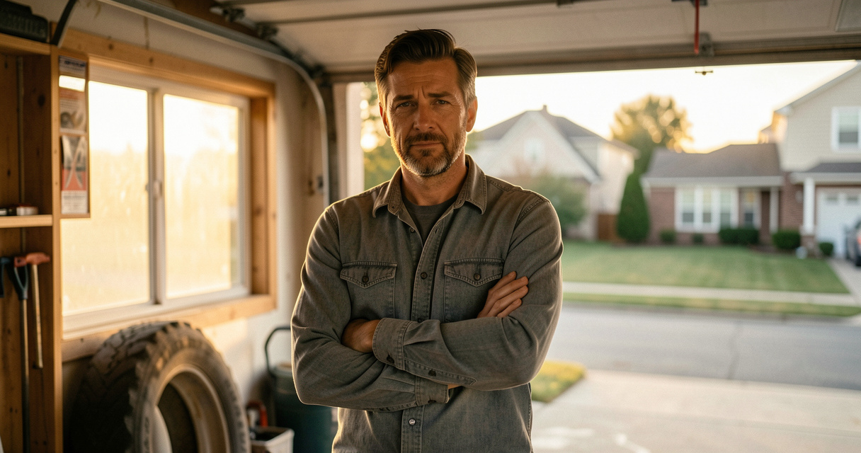 Homme de 40 ans pensif dans son garage, ambiance du film 40 ans mode d'emploi