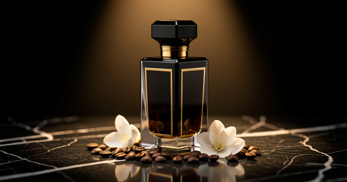 Flacon de parfum YSL femme doré posé sur marbre noir et grains de café