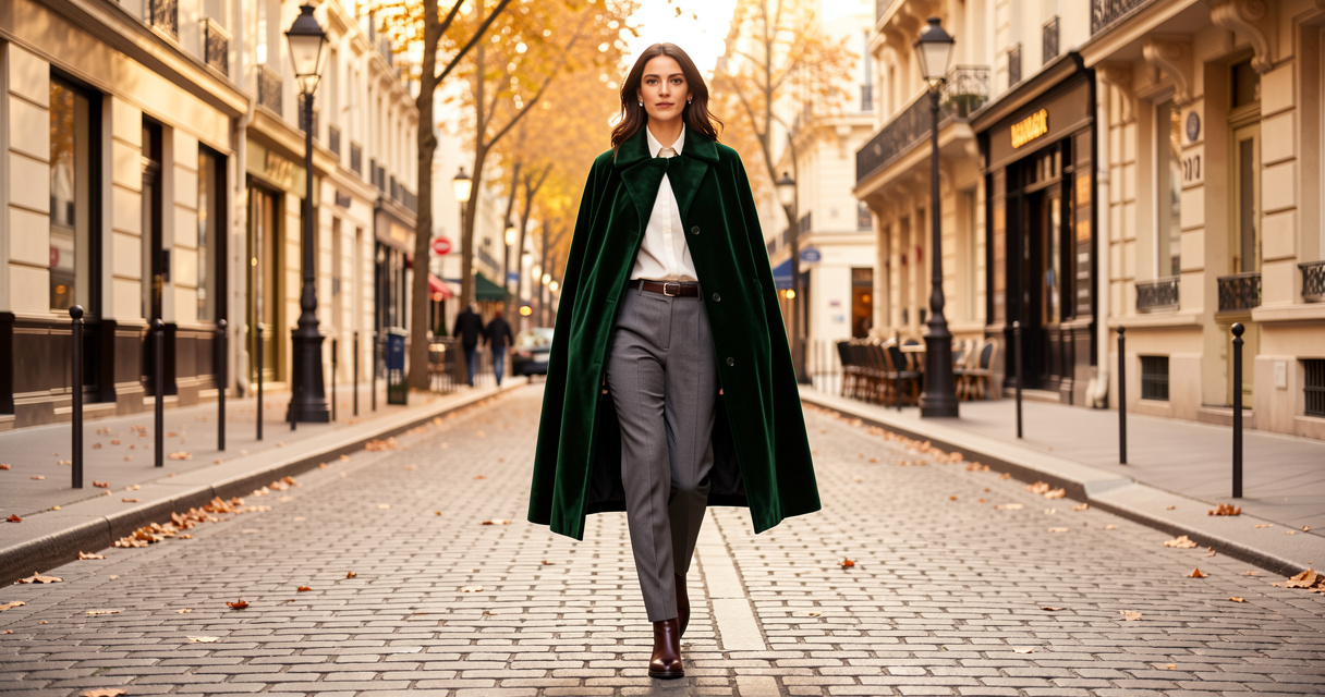 Femme élégante portant une cape en velours vert forêt dans une rue parisienne à l'automne 2026